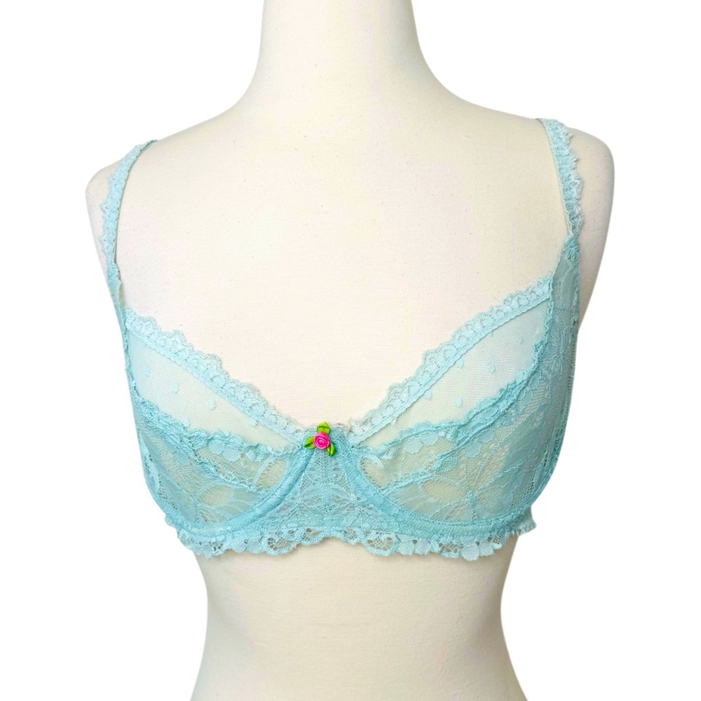Betsey Johnson Light Blue Lace Underwire Bra with Pink Rose Accent